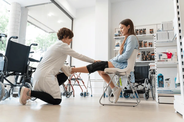 Orthopedic specialist fitting a knee brace